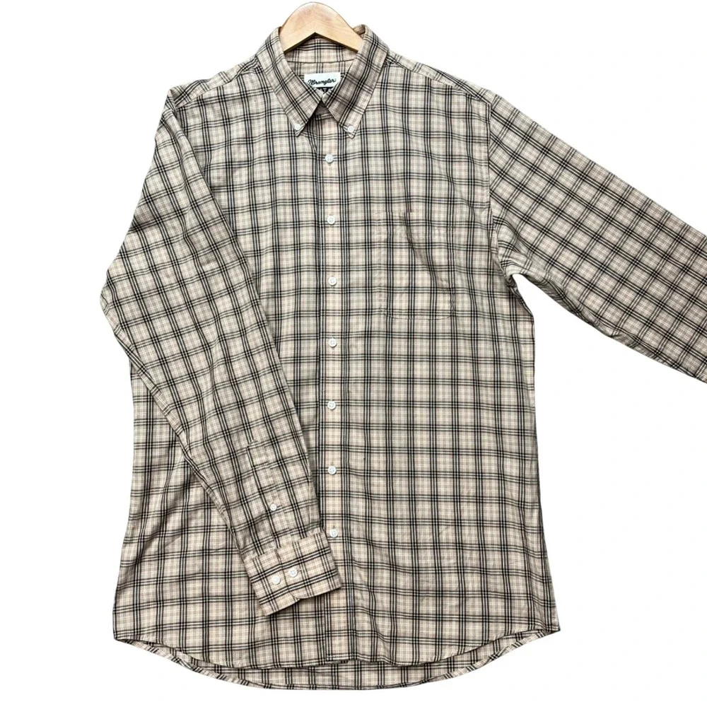 Wrangler Riata Button Down Shirt Mens Large Tall Tan Brown Plaid Long Sleeve EUC